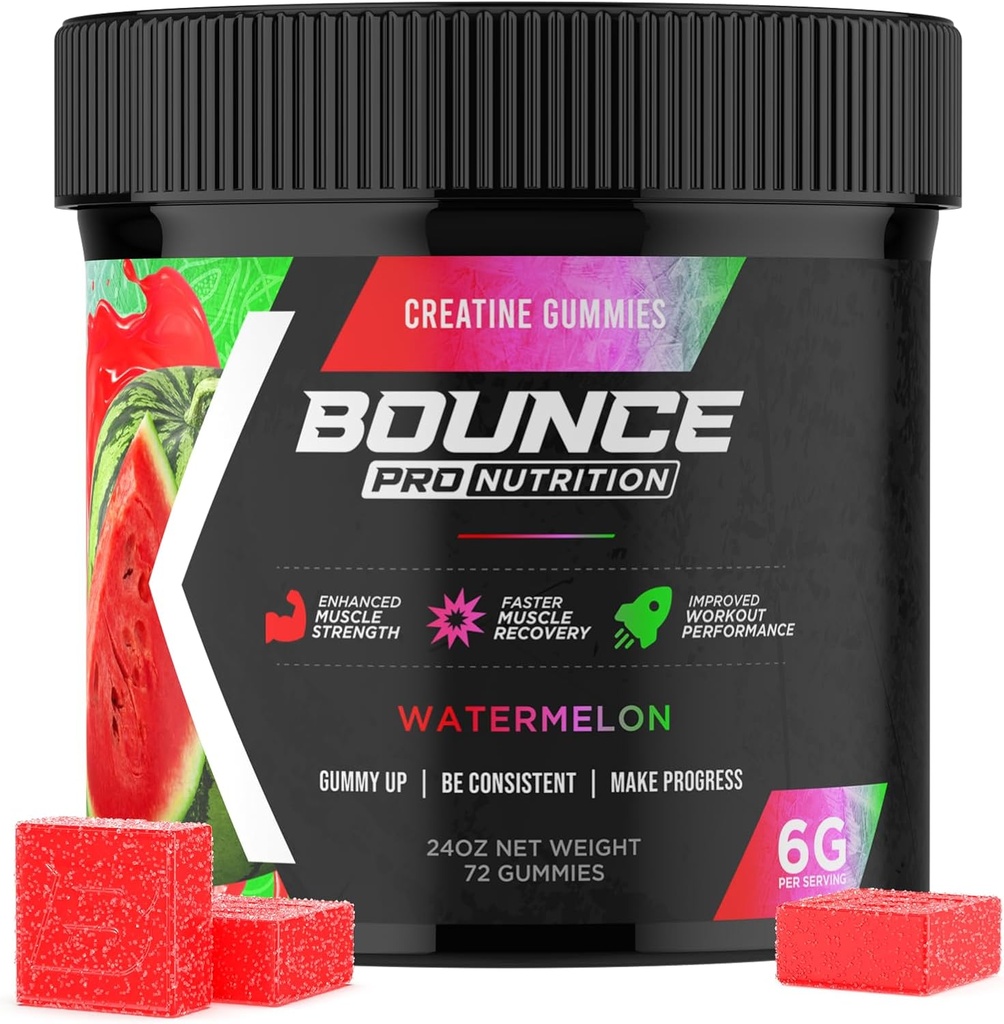Bounce Pro Gummies Monohydrat kreatury dla mężczyzn i kobiet, Niskie kalorie, 6G Kreatyny na Serving, Wegan, Przeciwstopowe, Bezglutenowe, Non-GMO, 2g Kreatyny na Gummy (72ct, Arbuz)