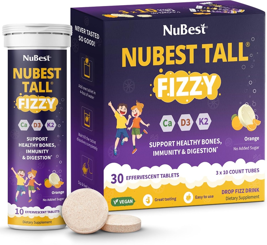NuBest Tall Fizzy - wytrzymałość kości, odporność, Digestive Health for Kids Age 4 + & Teens Age 124; Probiotyk, Wapń, Magnez z Red Marine Algae, Witaminy 124; 30 Pomarańczowe tabletki musujące