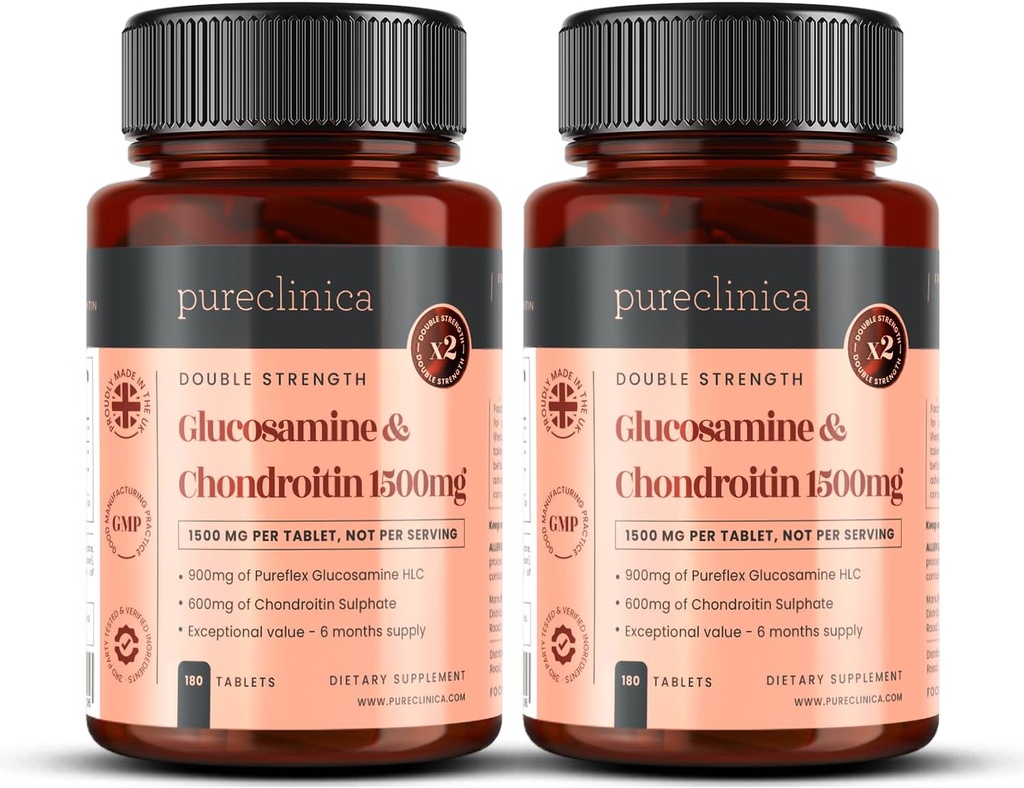 pureclinica 1500mg Glucosamine HLC and Chondroitin x 360 Tablets (2 Bottles of 180) - 12 Months Supply. The Most Effective and bio Active: Chondroitin 90%, Glucosamine HCL 83.1%