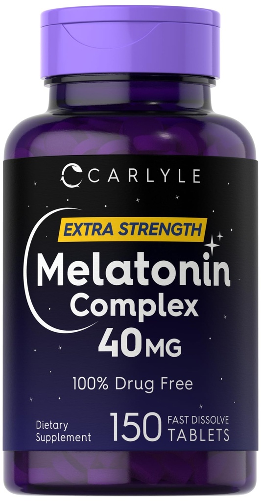 Carlyle Melatonin 40mg Complex Pentagon 124; 150 Szybko Rozpuścić tabletki 124; Dodatkowe wsparcie siłowe 124; z Ashwagandha i Rumianek 124; Wegetarianin, Non-GMO, Gluten suplement