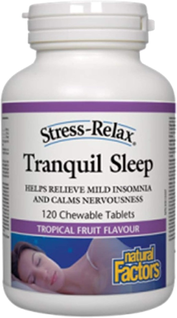 Stress- Relaks Chewable Spokojny sen przez naturalne czynniki, Suplement do snu, Tropikalny aromat owoców, 60 tabletek