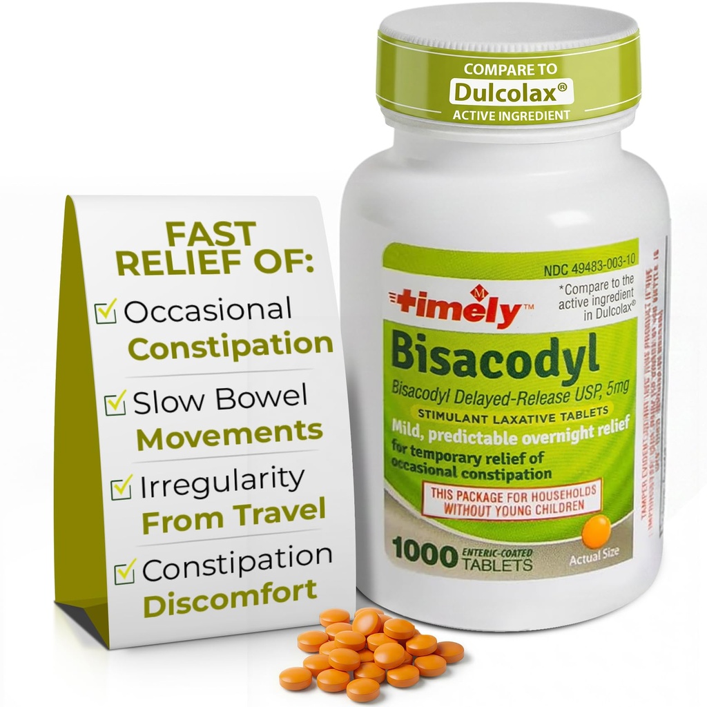 Timely Laxative Bisacodyl 5 mg Tablets - Stymulant Laxatives for Zaparcia szybko działające & Delikatnie - Zaparcia w ciągu nocy Relief dla dorosłych - 1000 Tablets