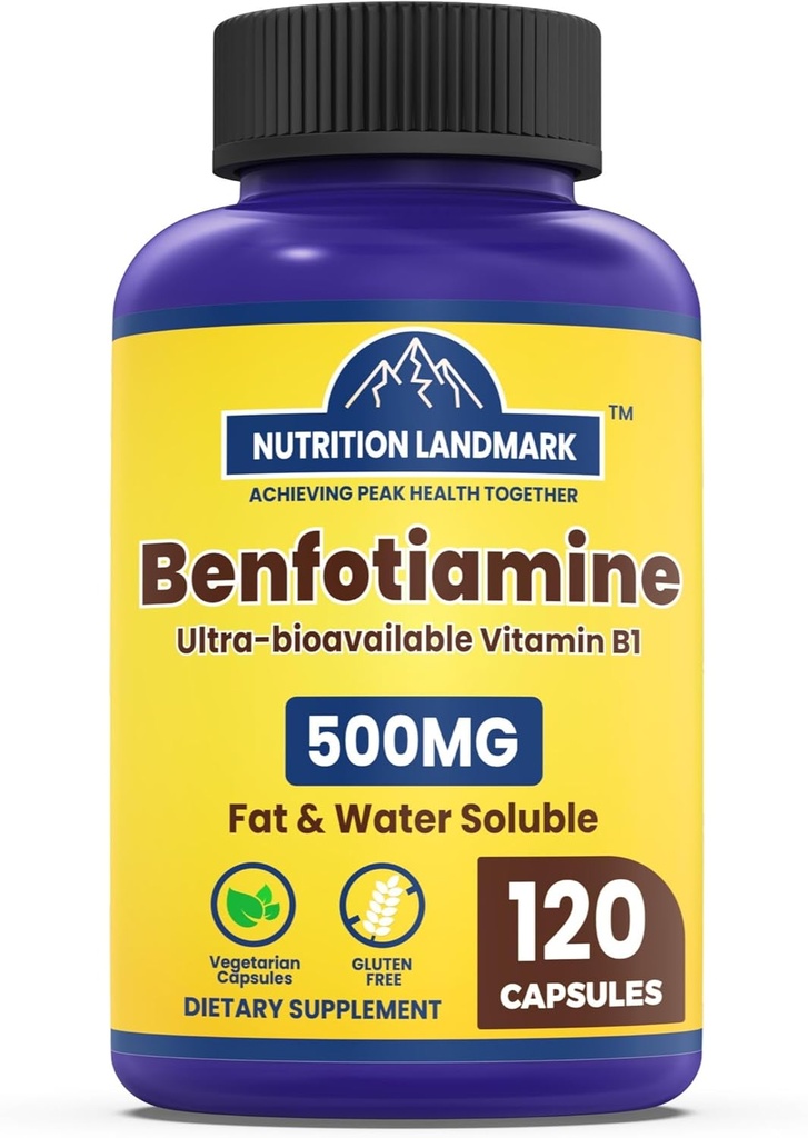 Benfotiamina, 500 mg, rozpuszczalna w tłuszczach forma tiaminy, Zdrowy metabolizm, Ultrabiodostępna witamina B1, wysoka moc, Bez glutenu, Nie-GMO, Wegetarianin, 120 Kapsułki