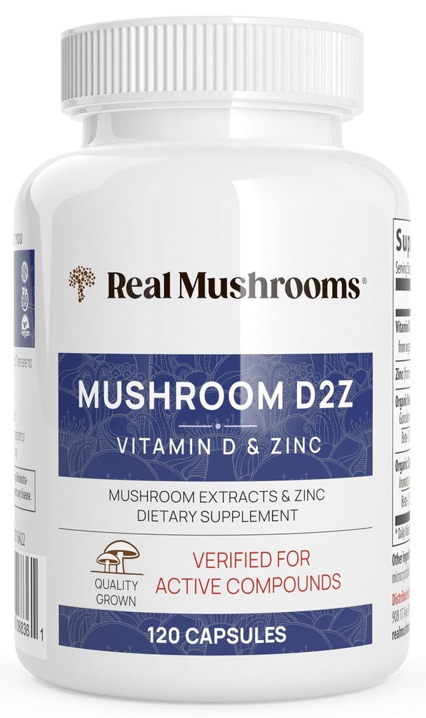 Prawdziwe Grzyby Cynk i witamina D2 Kapsułki - z Organic Chaga i Reishi Mushroom Extracts - Witaminy dla ogólnego wsparcia Wellness - Wegan, Non-GMO, Gluten- Free - 120 Hrabia Mushroom Supplement