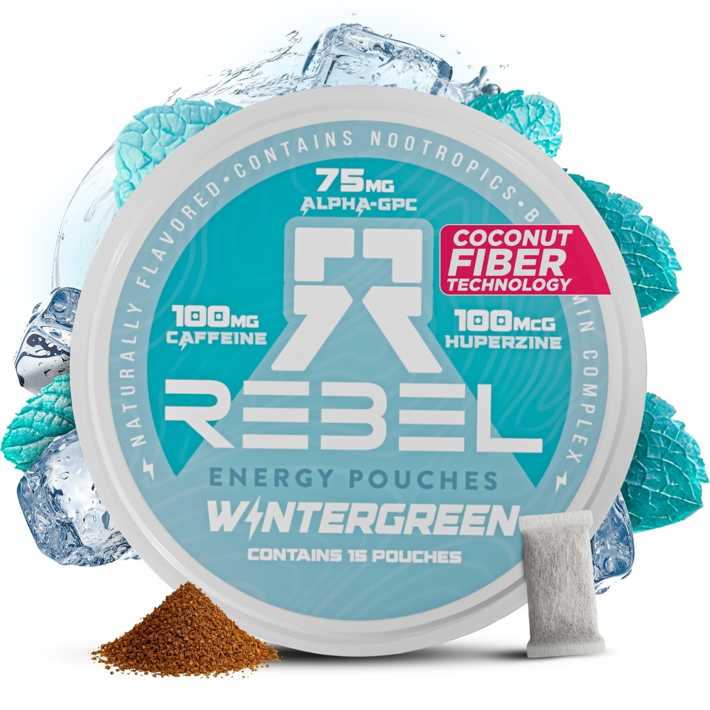 Kofeina kofeinowa • 100 mg Kofeina • Alpha GPC • Huperzine A & Esential Vitamin • Bez cukru • Technologia włókna kokosowego • Wintergreen Flavor • 15 Pouches per Can (Opakowanie 1)