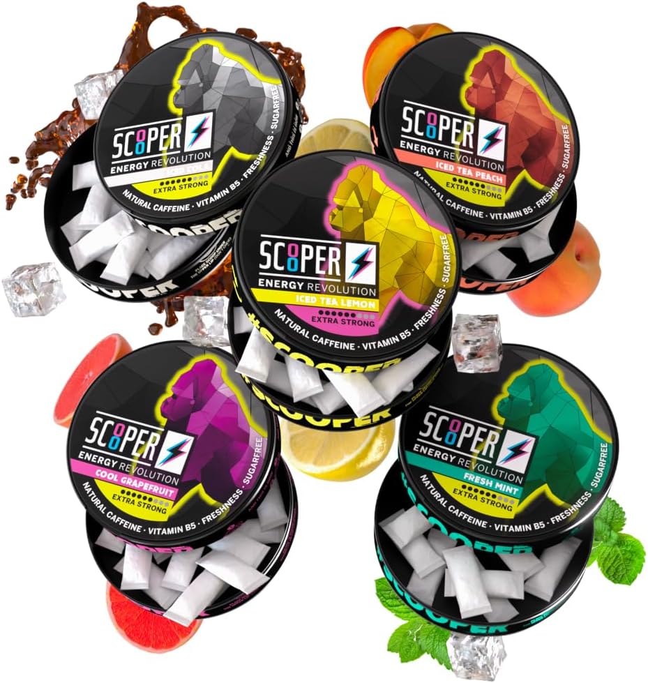 Scooper Energy I 5 puszek I All- in- One- Box I Energy Pouches Sugarfree I 80 mg Natural Caepine All Flavour Pack I 12 Pouches I Cool grejpfrut, świeża mięta, cola, peach i herbata cytrynowa