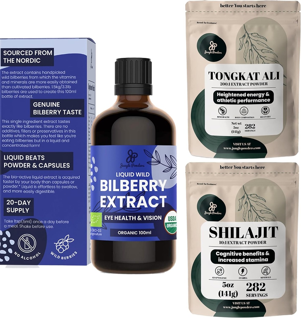 Jungle proszki Bilberry Extract for Eyes Organic Bilberry Supplement for Eyes, Shilajit Proszek Surowy Shilajit dla mężczyzn 5 Ounce Bag, Tongkat Ali dla mężczyzn Proszek 282 Służenie Tonkat- Ali Longjack Root