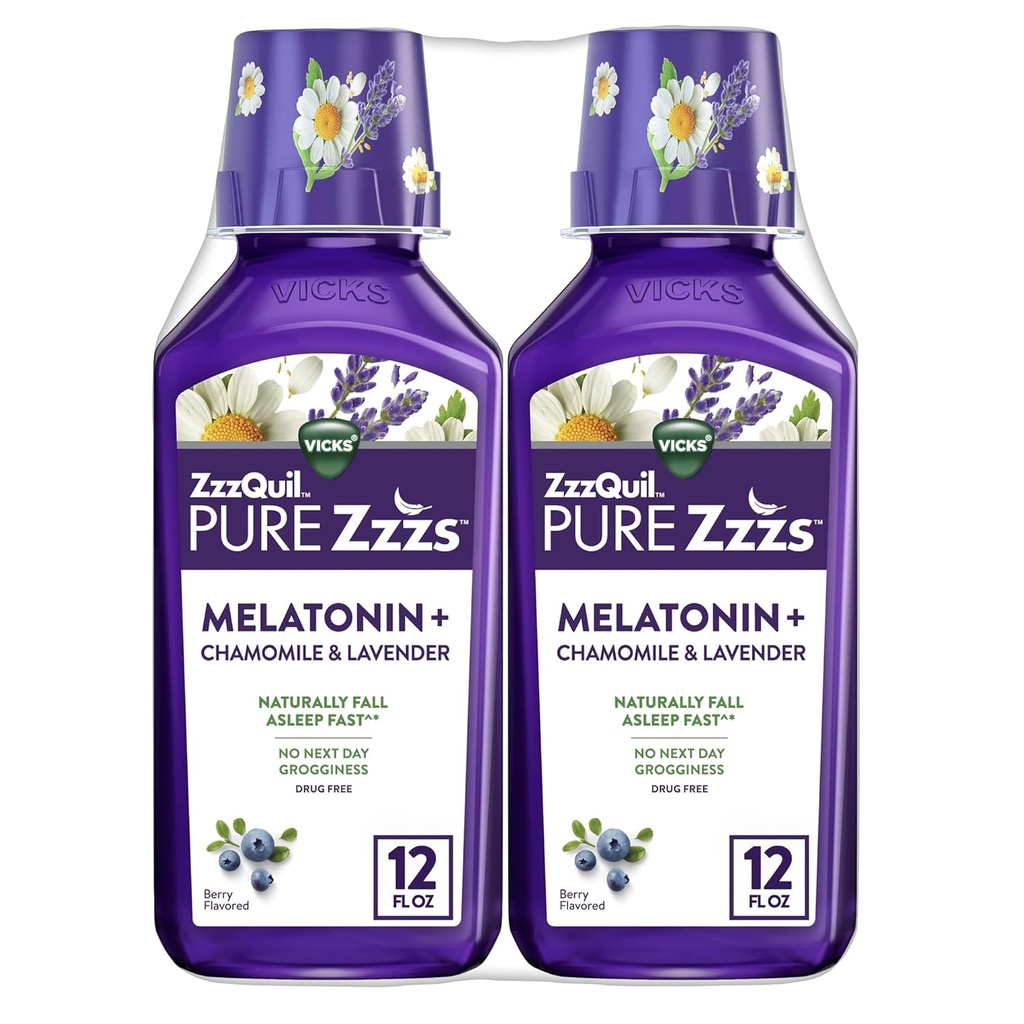 ZzzQuil Pure Zzzs Melatonina Płyn, Pomoc senna, Płynna Melatonina 2 mg, z rumiankiem i lawendą, Upadek Asen Szybki, Melatonina Sen Pomoc dla dorosłych, Berry Flavored, 2 Pack, 24 FL OZ