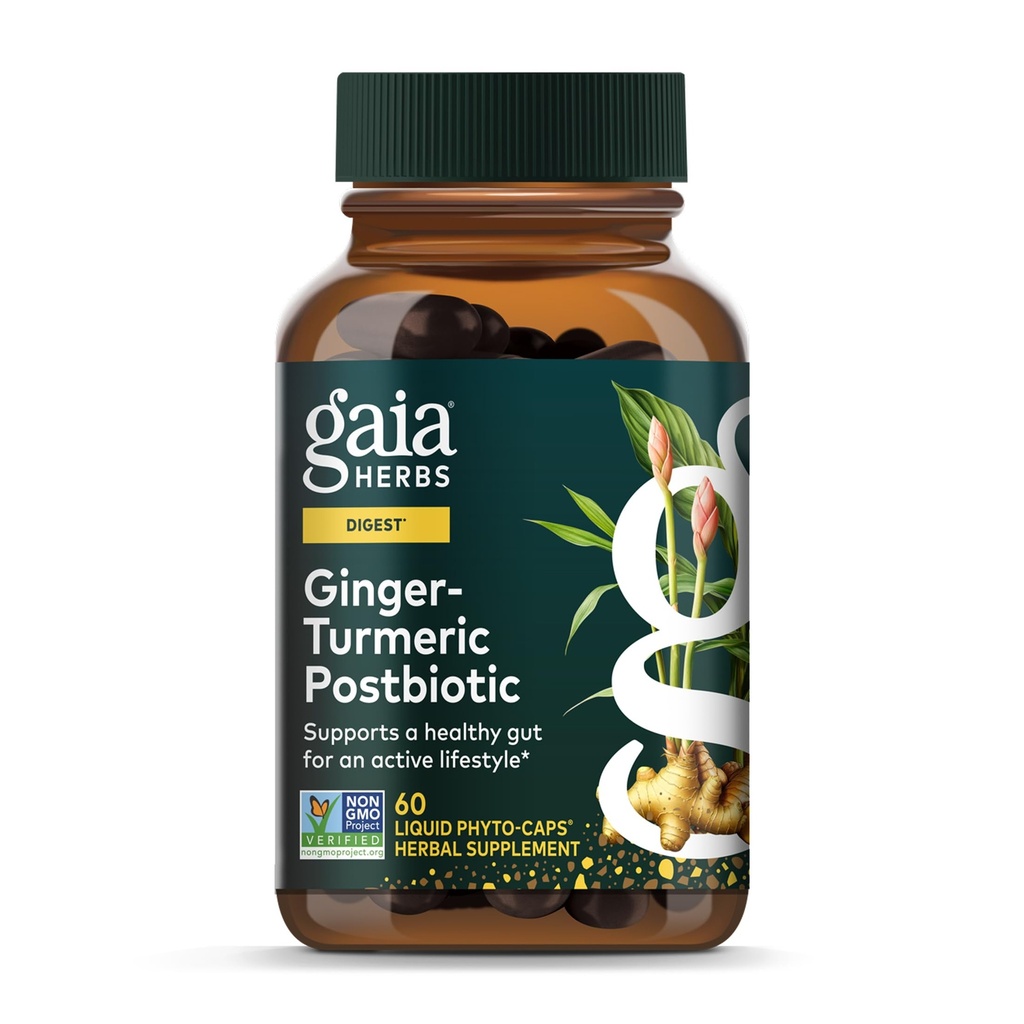 Gaia Herbs Ginger- Turmeric Postbiotic - Premium Digestive Supplement for Gut Health - Made with Fermented Turmeric & Ginger - Free from Dairy, Soy & Gluten - 60 Vegan kapsułki (30 Servings)