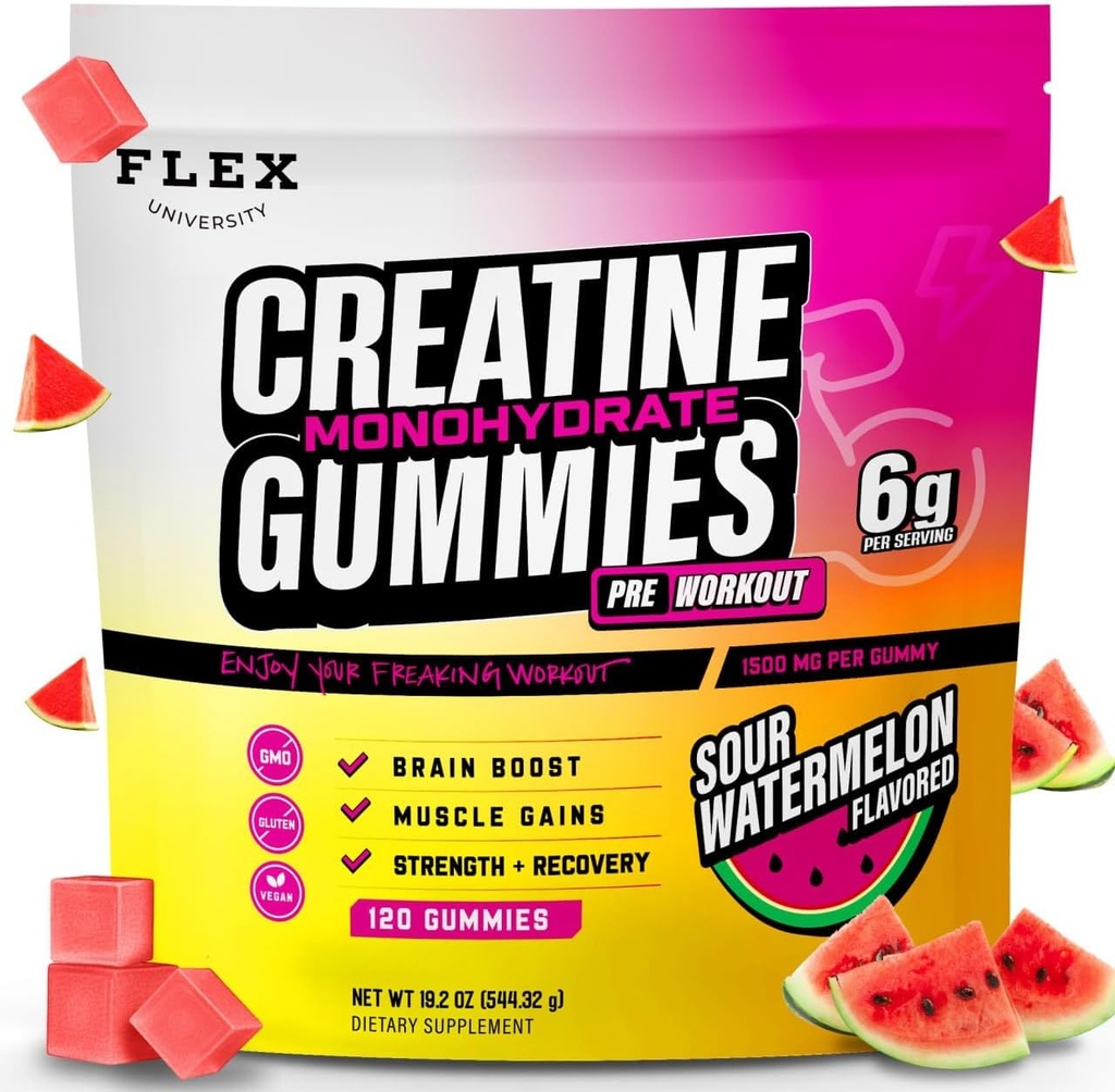 Kreatywna Gummie Prewencyjne dla mężczyzn Kobiety 6g, Monowodzian Kreatywny Przedpost Trening Recovery Muscle Building Supplement Protein Chewables, Wegan Arbuz Creatina Gym Booty Growth Gains (120 Ct)