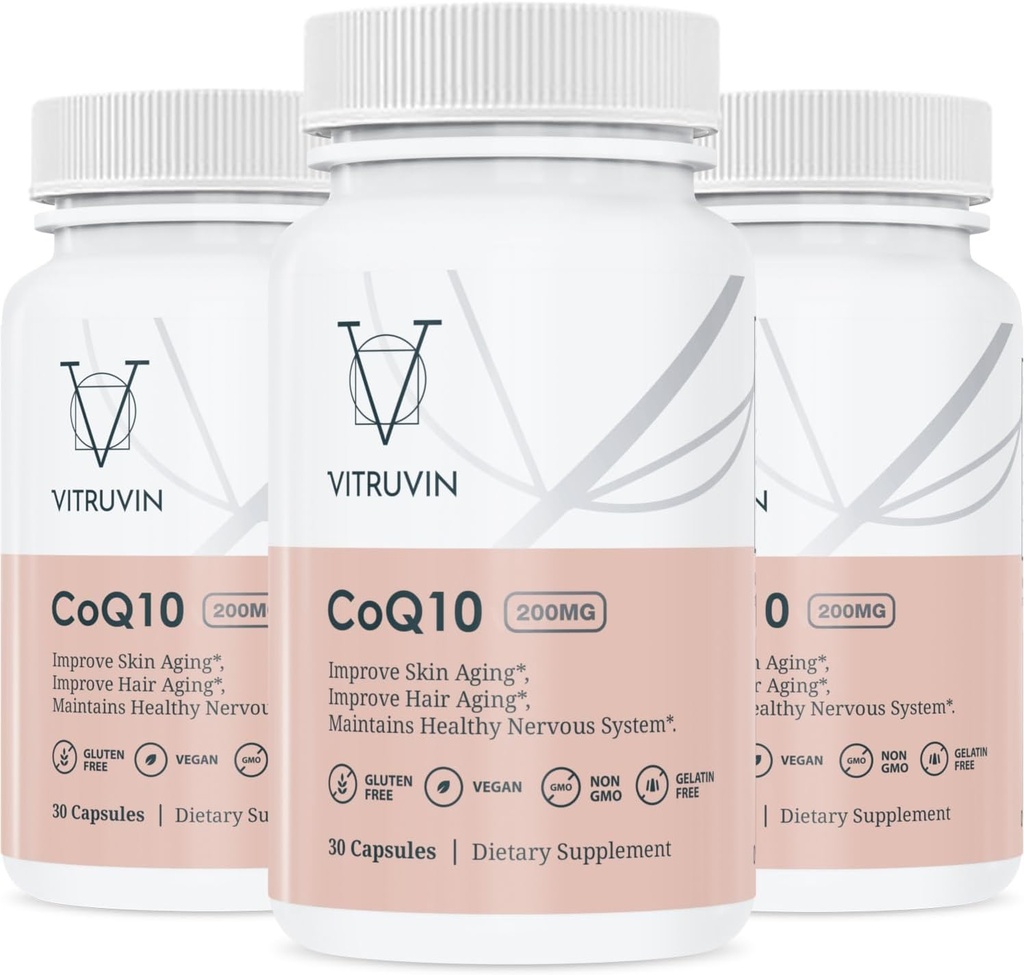 Vitruvin Ubichinol COQ10 - Koenzym Q10, pochłaniający promieniowanie ultrafioletowe, co q 10 Suplement przeciwutleniający dla zdrowia naczyń i serca, zdrowa skóra i włosy, zdrowe starzenie