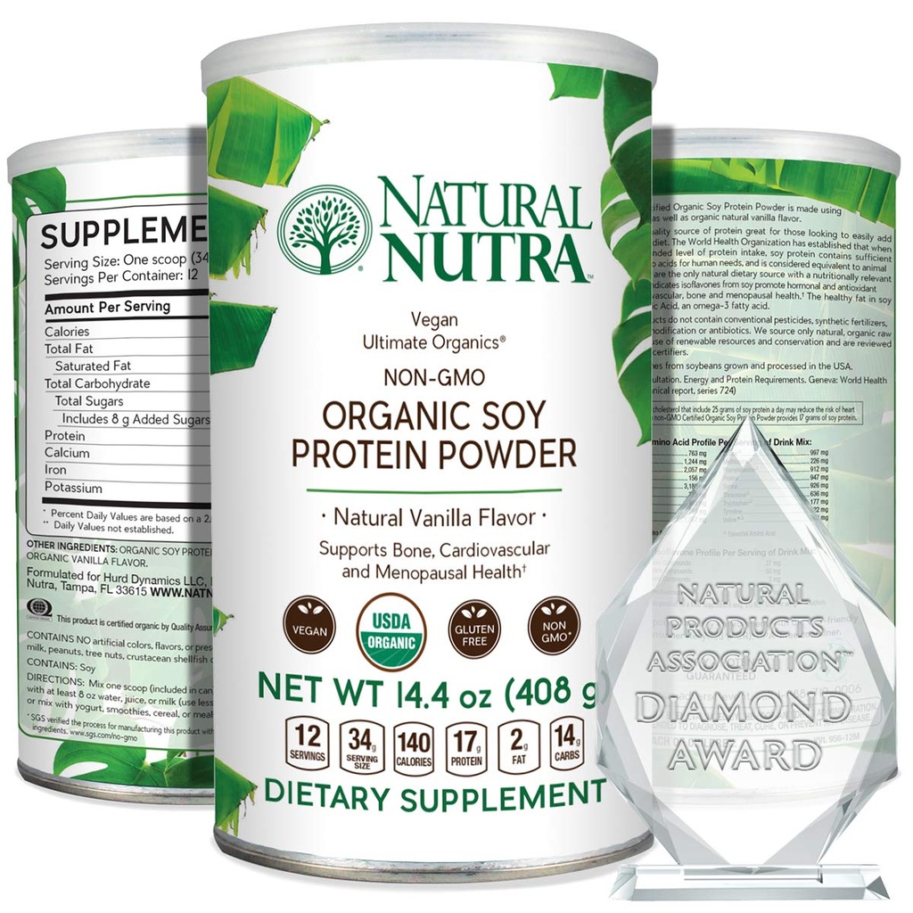 Natural Nutra Organic Vegan Plant Based Soy Protein Soy Soin Powder, Support Midlife Transition, Wspiera kości i poprawia zdrowie układu sercowo-naczyniowego, Gluten Free, Non GMO, Sugar- Free 14.4 OZ.