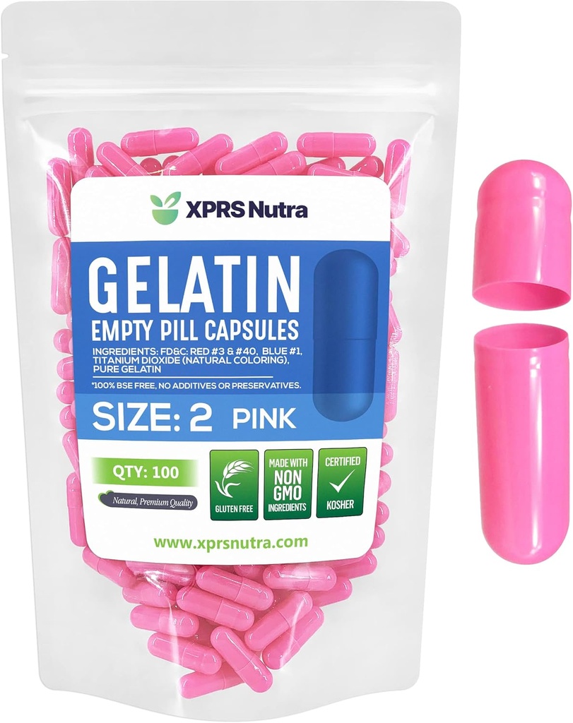 XPRS Nutra Rozmiar 2 Puste kapsułki - 100 Hrabia Puste kapsułki żelatynowe - Pigułki Diy Kapsułka Wypełnianie - Czysty żel piórowy dla bydła Kapsułki do do- It- Yourself Supplements (Pink)