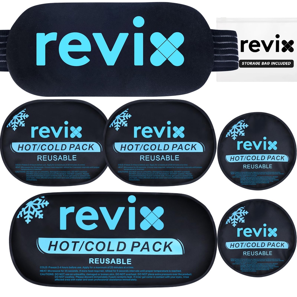 RevIX Ice Packs for Urazy wielokrotnego użytku, 5- Zestaw części Hot and Cold Gel Ice Pack for Joints, Muscle, Post- Workout Recovery, Regulowany i elastyczny Cooling Pads dla Knees, Back, Arms and Neck