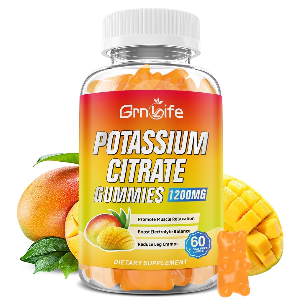 Gummie z cytrynianem potasu, Gummie z dodatkiem potasu 1200mg dla dorosłych i dzieci, Kurcze nóg wsparcia i zdrowie mięśni, Wegan, Mango Flavor 60 Count