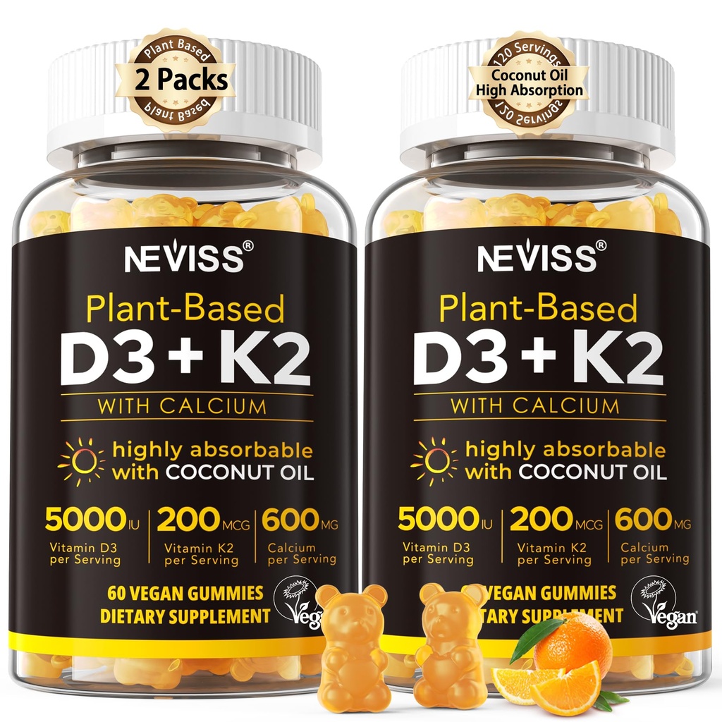 Witamina D3 5000iu & K2 (jako MK7) 200mcg Gummies + 600mg Wapń, z olejem kokosowym do wysokiej absorpcji, Maksymalna moc witamina D3 K2 Suplement - Wsparcie dla Bones Muscle Teeth Immune, Wegan 2Packs
