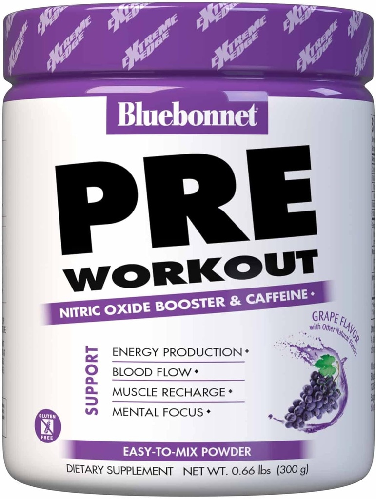 BlueBonnet Nutrition Extreme Edge Wstępny trening, Zwiększa poziom tlenku azotu (NO) - 30 Służenia, Flavor winogronowy, 10.56 Oz