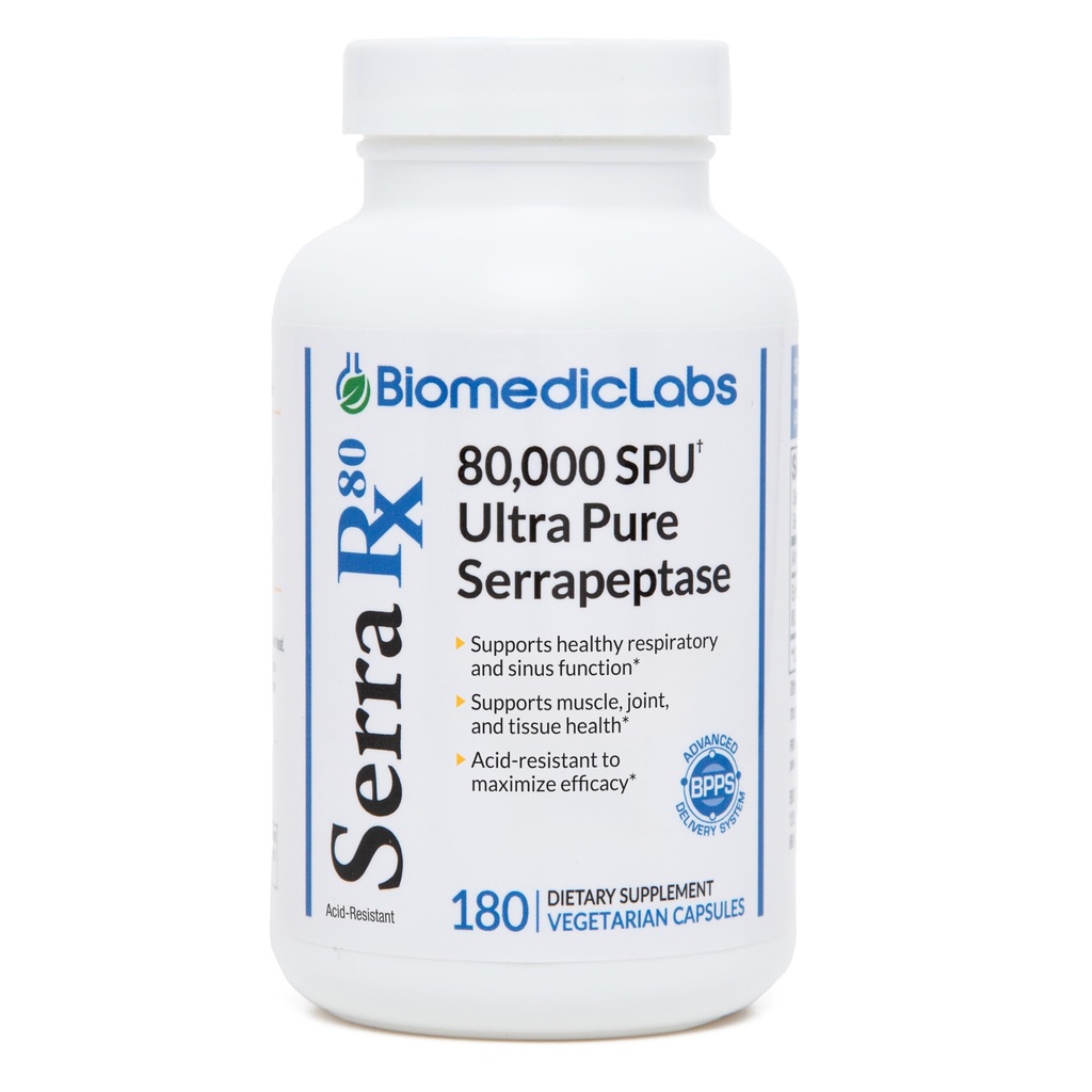 Serra- RX 80 000 SU Serrapeptaza - Acid- Restant Proteolitic Systemic Enzym, Non- GMO, Gluten Free, Wegan, Wspiera Sinus & Lung Health, 180 Kapsułki Veg