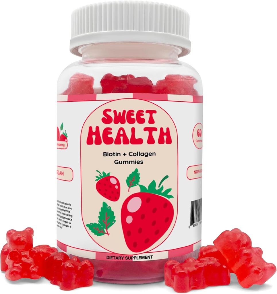 Sweet Health Hair Gummies Yellow 124; Yoothful Skin + Hair Growth + Stronger Nails Yellow 124; 10 000% Biotin + Collagen Yellow 124; Non-GMO Yellow 124; Sweet Strawberry