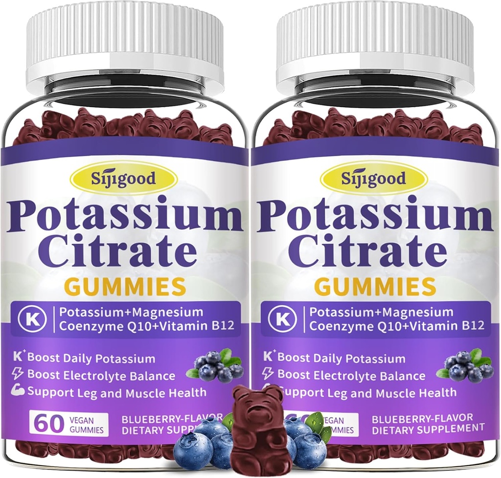 2 Pack Gummies cytrynian potasu, suplement potasu dla zdrowia mięśni, Leg Cramp Relief & Elektrolite Balance, Wegan, Non-GMO, Gluten- Free, Blueberry Flavor, 120 Count