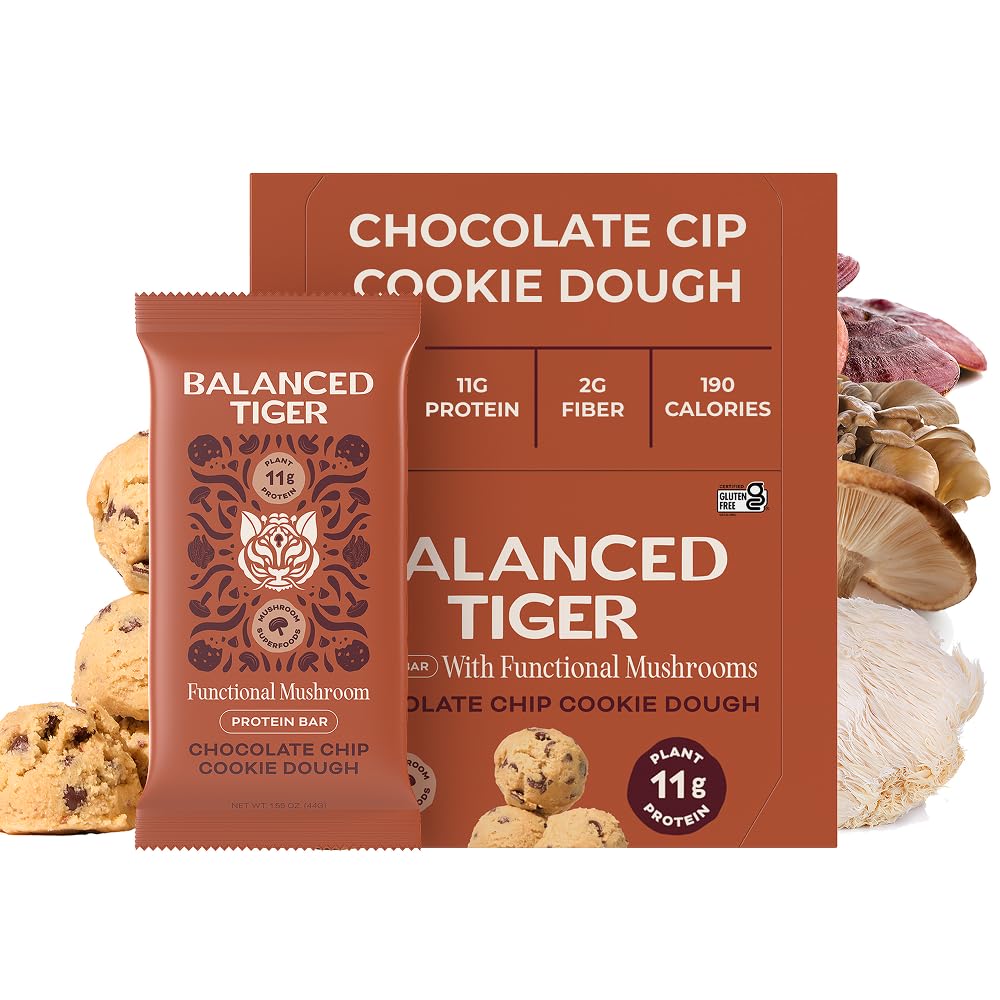 Organic Functional Mushroom Vegan Protein Bars, 124; Made in USA 124; Full Dose (1500mg) Lions Mane, Chaga, Reishi & Cordyceps Bars, 124; Plant Protein Bars, w / Adaptogens & Superfoods, 124; Chocolate Chip Cookie Dough