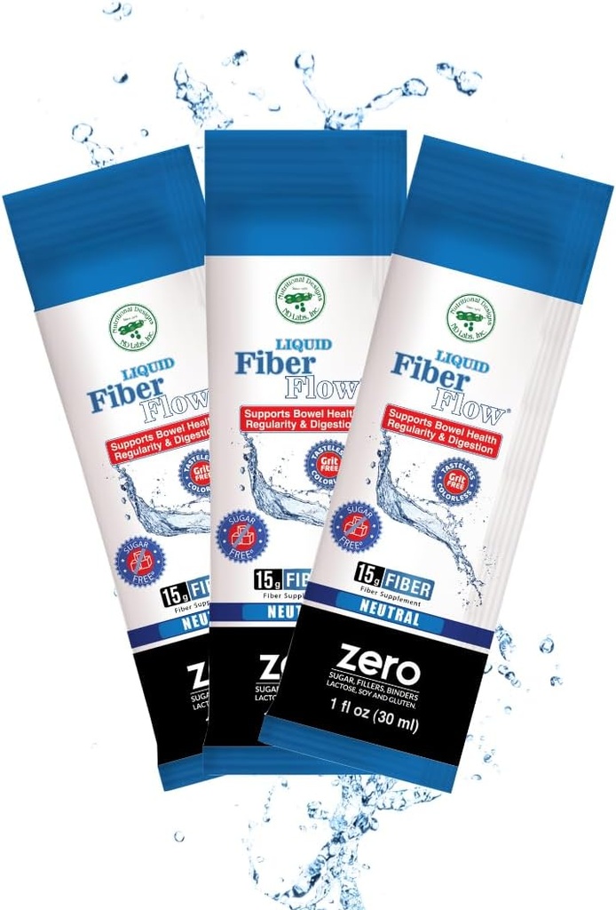 Nutritional Designs Liquid Fiber Flow Sugar-Free Prebiotic Inulin Suplement Fiber, Wszystkie naturalne Regularność łyżeczki napój dla zdrowej równowagi jelit, 100 Pakiety