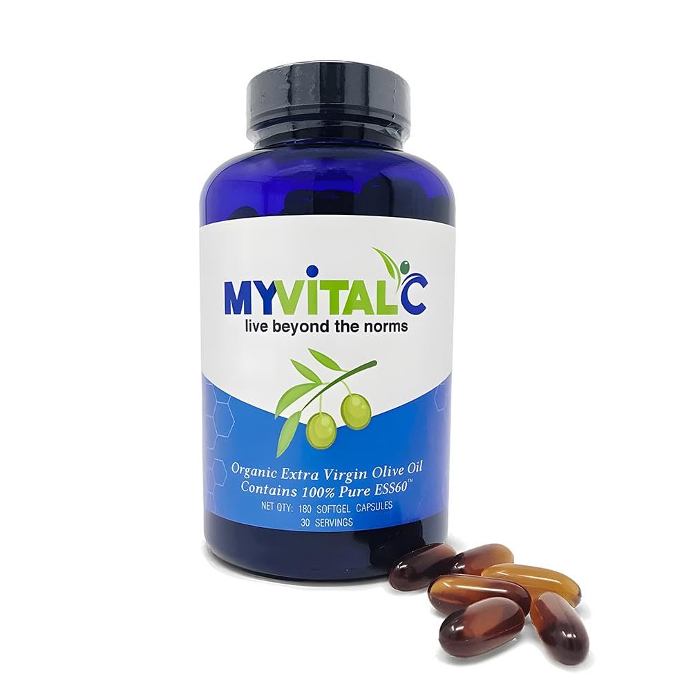 MyVitalC Pure ESS60 Extra Virgin Olive Oil Softgel Kapsułki - Wysoka wytrzymałość Suplement przeciwutleniający z Pure Olive Oil - Suplement doustny - Suplementy dla mężczyzn i kobiet - 180 Softgels