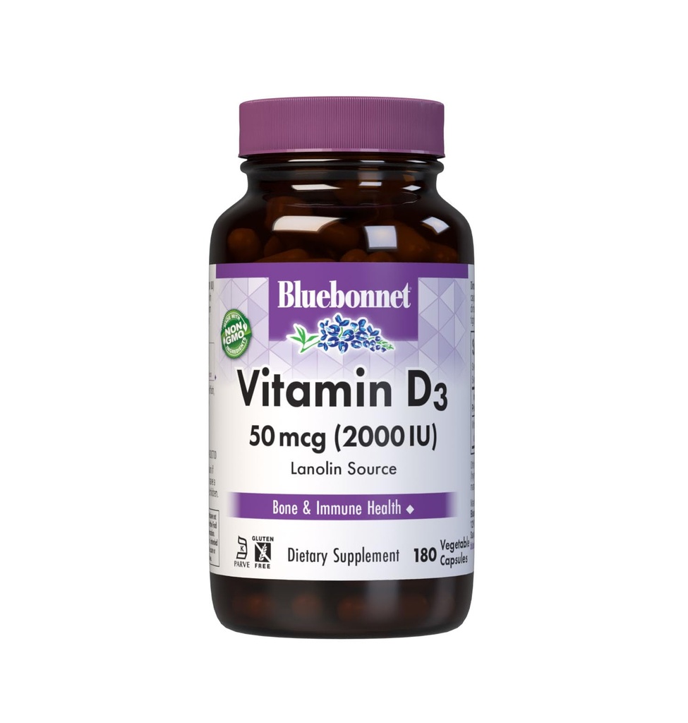 Bluebonnet Nutrition Witamina D3 2000 IU Kapsułka wegetatywna, Pomoc w mięśniach i wzrost szkieletu, Cholekalcyferol z Lanolin, D3, Nie GMO, Gluten Free, Soy Free, Mleko wolne, Kosher, 180 Kapsułki roślinne