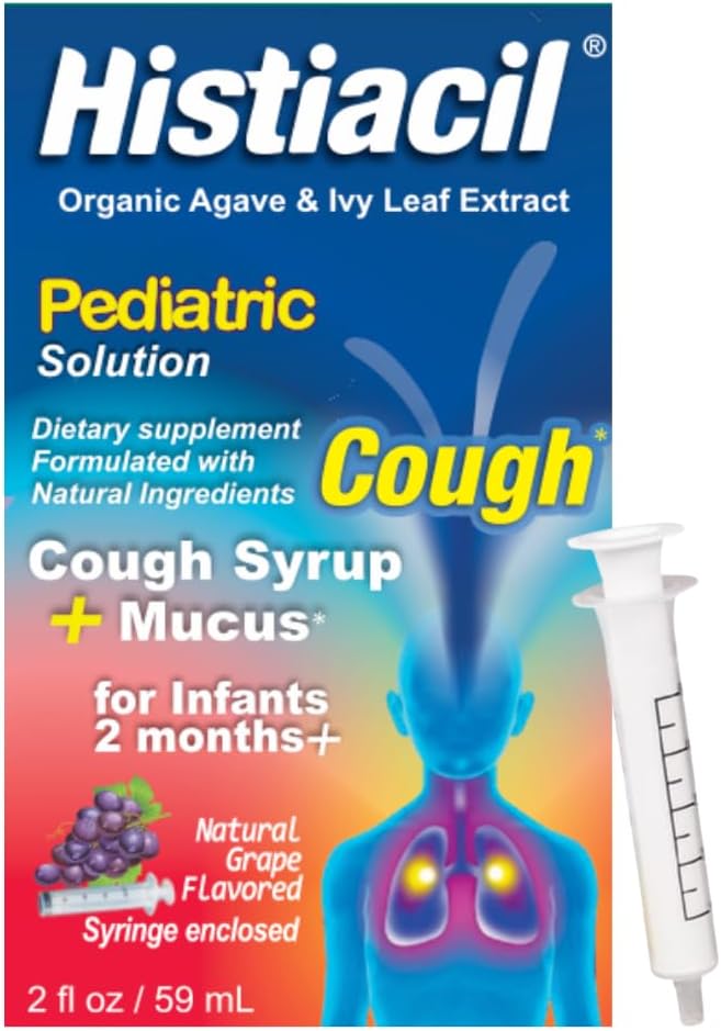 Histiacil Organic Agave Jarabe para TOS, Infants 2 Miesiące i Starsze, Cough + Mucus Relief Made with Agave & Ivy Leaf Extract, Pediatric Formula for Children 's Daytime Mucus Grape Flavor, 2 fl oz