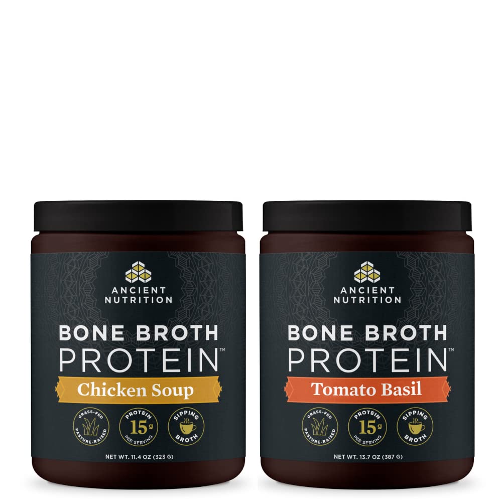 Ancient Nutrition Bone Broth Protein Powder, Zupa z kurczaka, 15 Servings + Bone Broth Protein Powder, Basil pomidorowy, 15 Servings