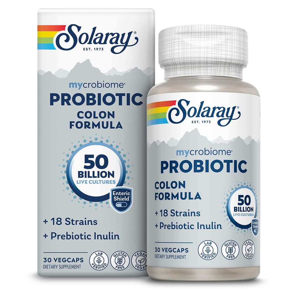 SOLARAY Mycrobiome Probiotic Colon Formula, Wegan, Funkcje trawienne, Colon Health, i wsparcie systemu immunologicznego, 50 Miliard CFU, 18 Szczeliny, Inulina prebiotyczna, 60- Day Guarantee, 30 Sługi, 30 VegCaps