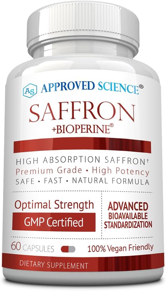 Zatwierdzony Science ® Saffron Standaryzowany do 3% Crocin, 2% Safranal - BioPerine - Wegańskie, 60 Kapsułek - Opakowanie po 1