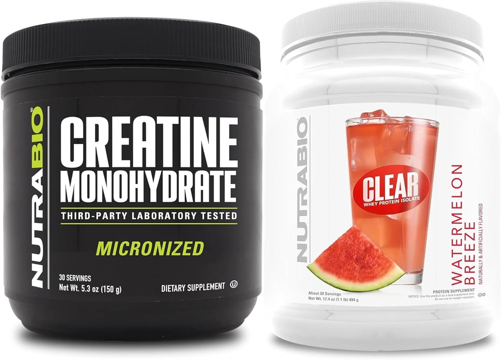 Monowodzian NutraBio Creatine, nieflaworyt, (150 g) i izolat białka z zielonej serwatki, suplement Bundle - Energia mięśniowa, maksymalny wzrost, odzysk i siła