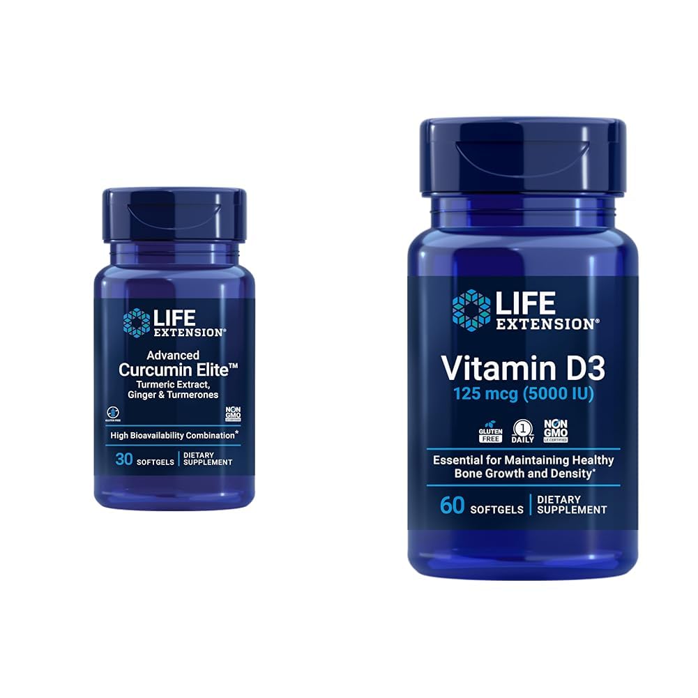 Wydłużenie życia Curcumin Elite Turmeric Ginger Extract & Witamina D3 5000 j.m. Softgels - Zdrowa zapalna odpowiedź immunologiczna i Bone Brain Health - 30 & 60 Count