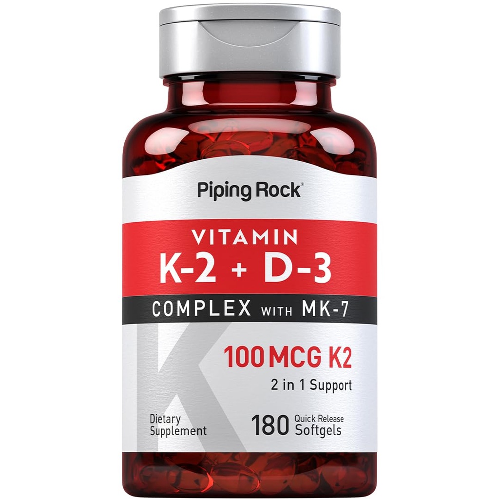 Piping Rock Witamina K2 D3 Suplement XI124; 100 µg XI124; 180 Softgels XI124; Complex with MK7 XI124; Non- GMO, Gluten Free