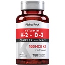 Piping Rock Witamina K2 D3 Suplement XI124; 100 µg XI124; 180 Softgels XI124; Complex with MK7 XI124; Non- GMO, Gluten Free