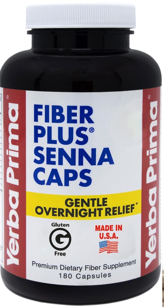 Yerba Prima Fiber Plus Kapsułki Senna, 180 Count - Delikatny Overnight Relief, USA Made, Non-GMO, Gluten- Free