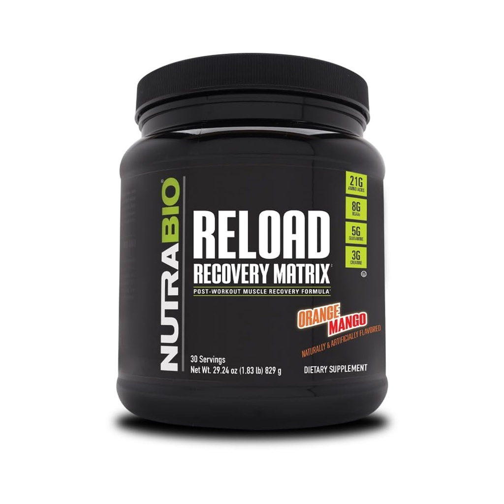NutraBio Reload - Potężna formuła regeneracji mięśni - Post- Workout Supplement - 3G Creapine - 8G BCAA - 5G Glutamine - 30 Servings, Orange Mango