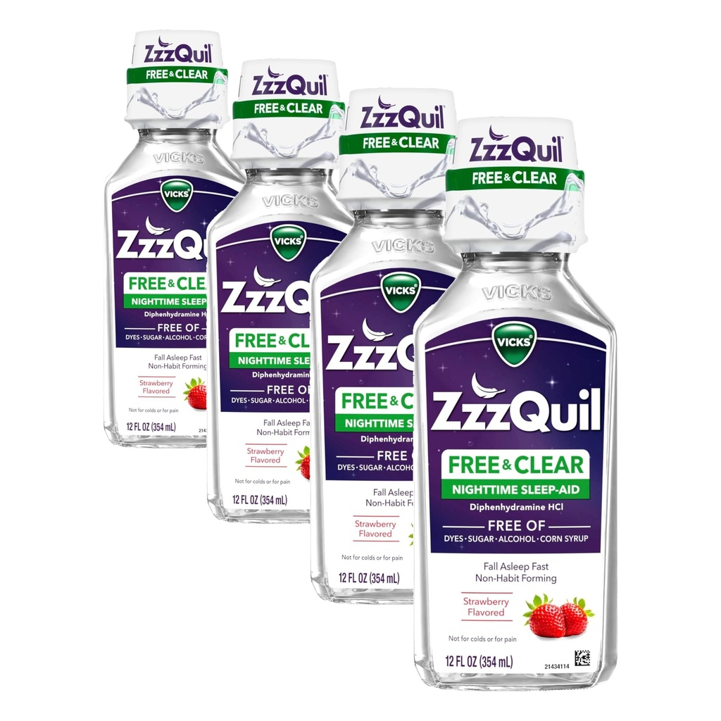 ZzzQuil, Nighttime Sleep Aid Liquid, SREE OF Alcohol & Sztuczne barwniki, 50 mg difenhydraminy HCl, No1 Sleep Aid Brand, Fall Asleep Fast, Non-Habit Forming, Soothing Berry Flavor, 12 FL OZ (Opakowanie 4)
