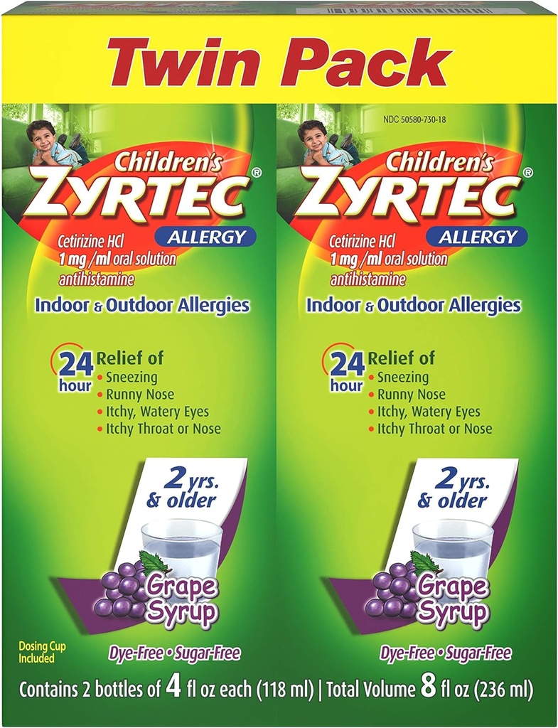 Zyrtec 24 Hr Syrop alergii dla dzieci z Cetirizine, Grape bez cukru, Twin Pack po 4 fl. oz