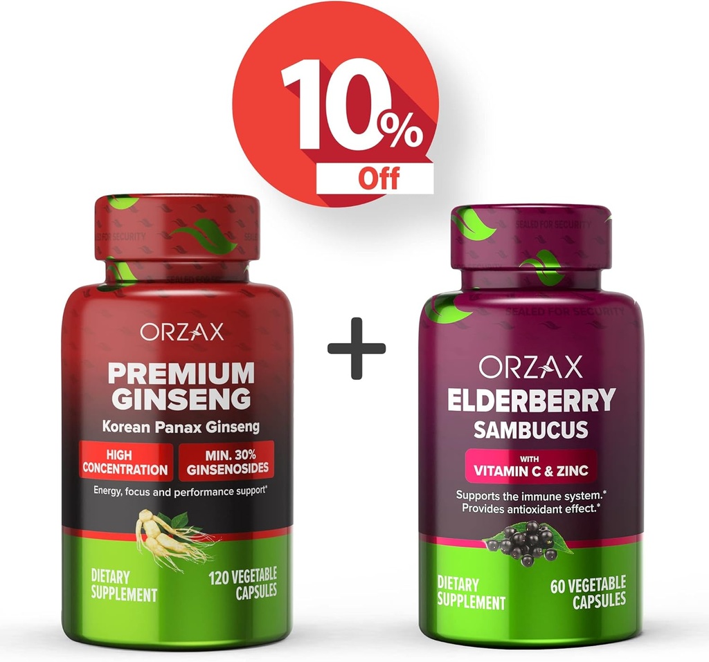 ORZAX Ginseng, 30% Ginsenozydy, Premium 120 Kapsułki roślinne i Kapsułki z jeżyny, 2000mg 60 Kapsułki roślinne, Bundle