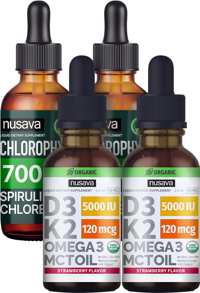 NUSAVA Truskawkowe smażone D3 K2 Krople i Chlorophyll Krople płynne Bundle - Pothent Liquid Vitamin for Heart, Joint, Energia, & Wsparcie immunologiczne - Non-GMO, Gluten- Free, 2pk Każdy