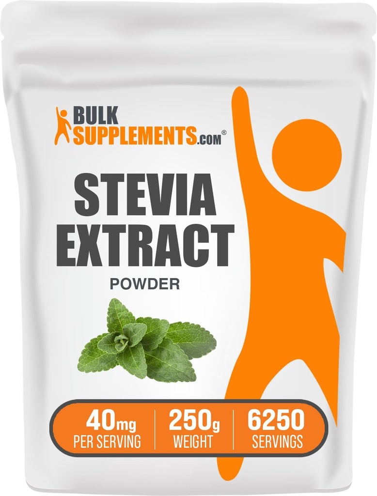 BulkSupplements.com Stevia Extract Powder - Stevia Sweetener - Zero Calorie Sweetener, Gluten Free, 40 mg na jedną porcję, 250g (8.8 oz) (opakowanie po 1)