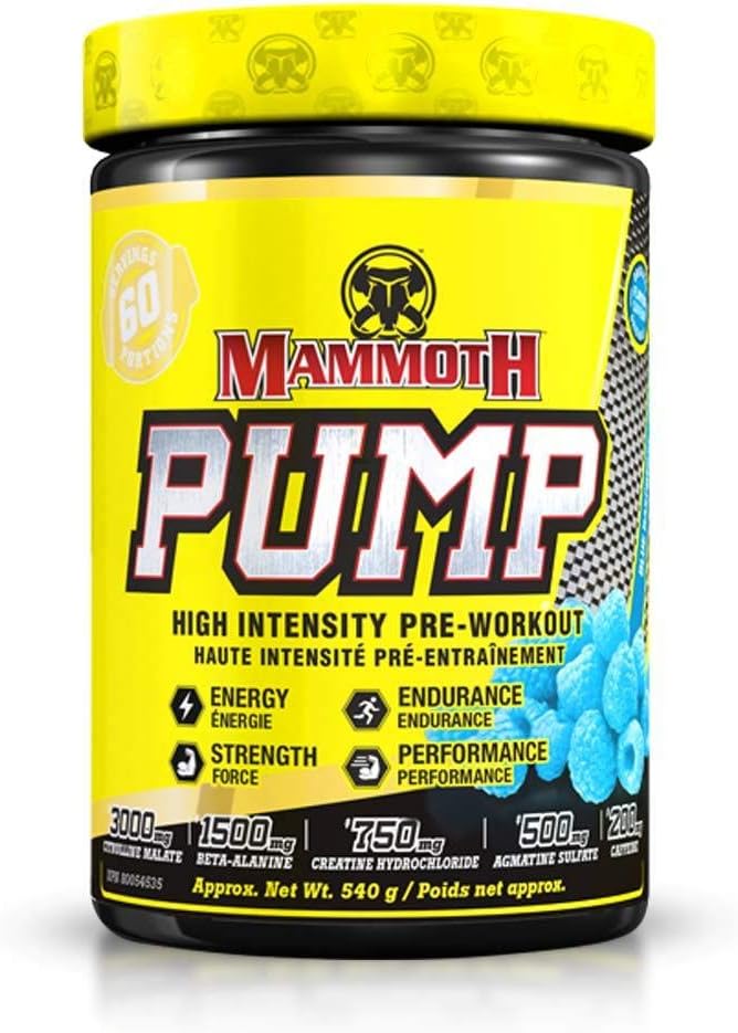 MAMMOTH PUMP - Proch przedtreningowy, Superior Muscle Pomps, Zwiększ wytrzymałość i wytrzymałość, Eksplozyjna moc i suplement energetyczny, Zwiększona ostrość, szybki odzysk, Zmniejszona bolesność (60 Serw, Niebieski