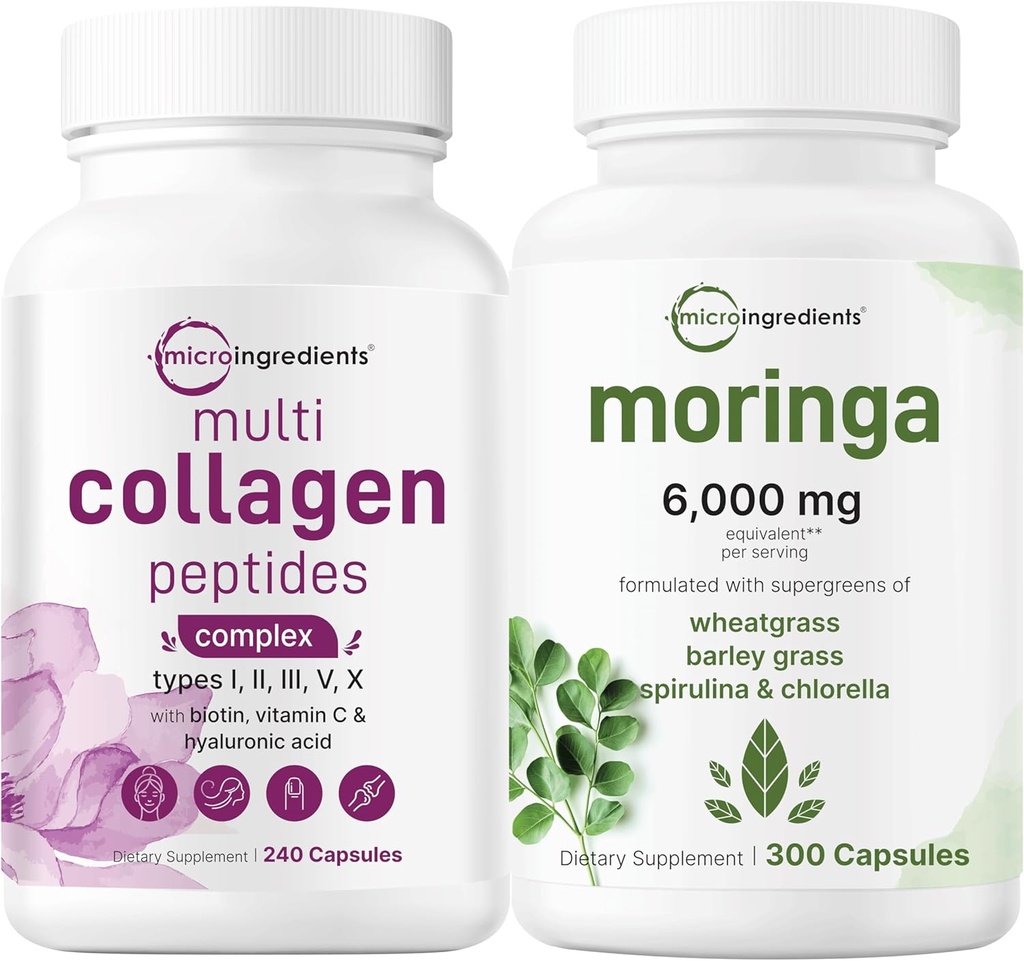 Micro Składniki Multi Collagen Complex 240 Kapsułki & Moringa Oleifera 6,000mg Równoważny 300 Kapsułki Paczka 2 Opakowanie 124; Zhydrolizowane Peptydy białkowe 124; Suplement przeciwutleniający
