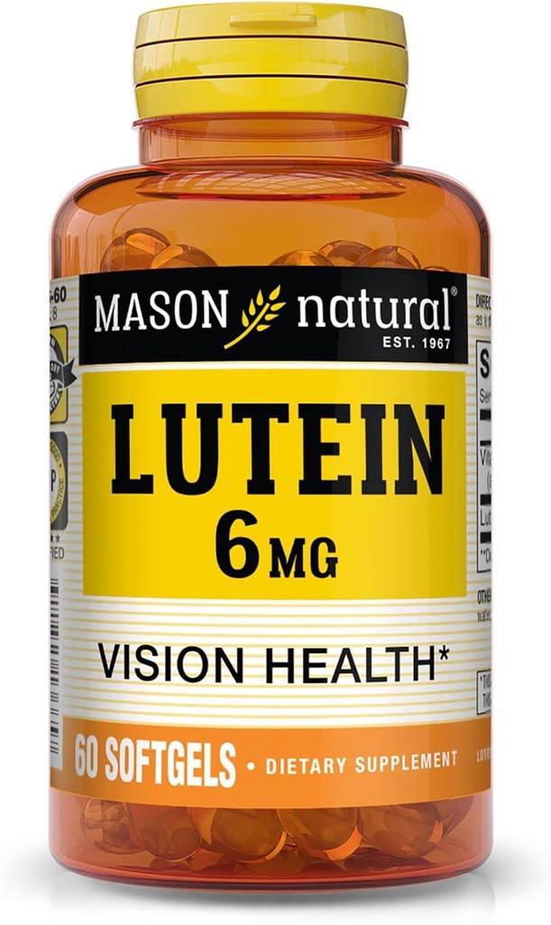 Mason Natural Lutein 6 mg z witaminą E, 2 miesięczne dostawy, Zdrowe widzenie i funkcje oczu, wspiera normalne zdrowie oczu