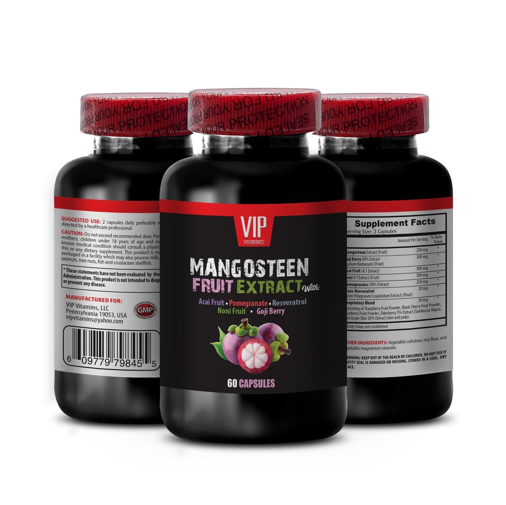 VIP VITAMINS Mangosteen, Mangosteen Extract - Mangosteen Fruit Extract - Acai Berry, Goji Berry, Pomegranat, Noni, Trans- Resveratrol, Elderberry Fruit, Grape Skin - 1 Butelka 60 Kapsułki