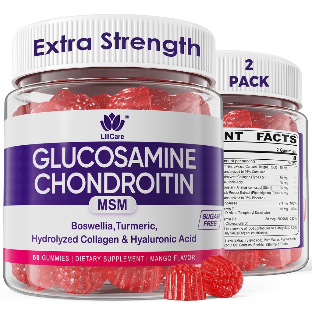 Glukozamina Gummie Chondroitin, Glukozamina wolna od cukru Suplement Chondroitin SM, Dodatkowa siła z Boswellia Turmeric, Zhydrolizowane Kolagen & Kwas hialuronowy, Zdrowie kości dla mężczyzn i kobiet, 120 Cts