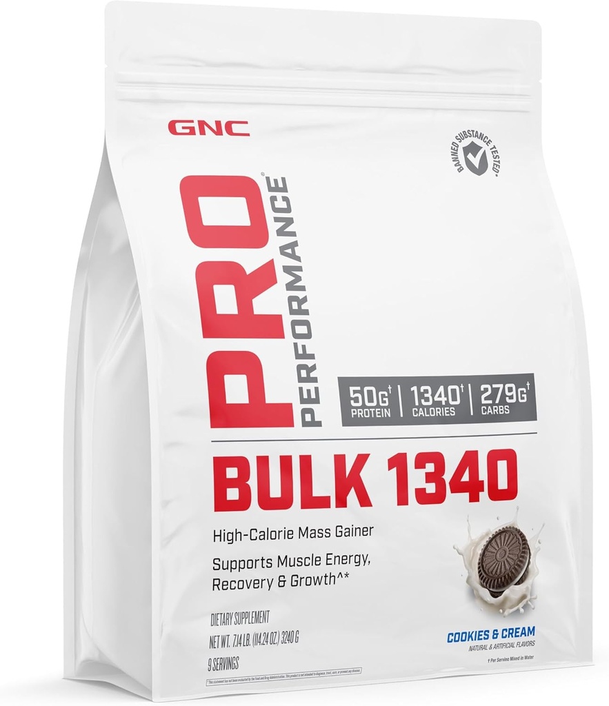 GNC Pro Performance luzem 1340 Mass Gainer Protein Powder, 50g, Gluten Free, Serwatka, Kreatyna, BCAA, 3 Party Tested, Odzysk mięśni i wzrost, Mikroskładników, Ciasteczka i śmietanka, 9 Służenie