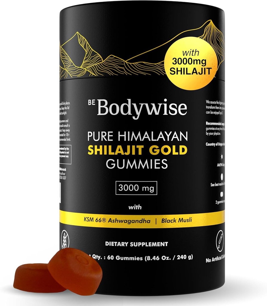 Bądź Bodywise Pure Himalayan Shilajit Gummies Gold I Lab Tested I No Added Sugar I Ashwagandha, Gokshura Birth124; Kwas Fulvic & 85 + Minerały śladowe I dla mężczyzn, Kobiety I Non-GMO I 100% Natural & Organic I 60 Gummy